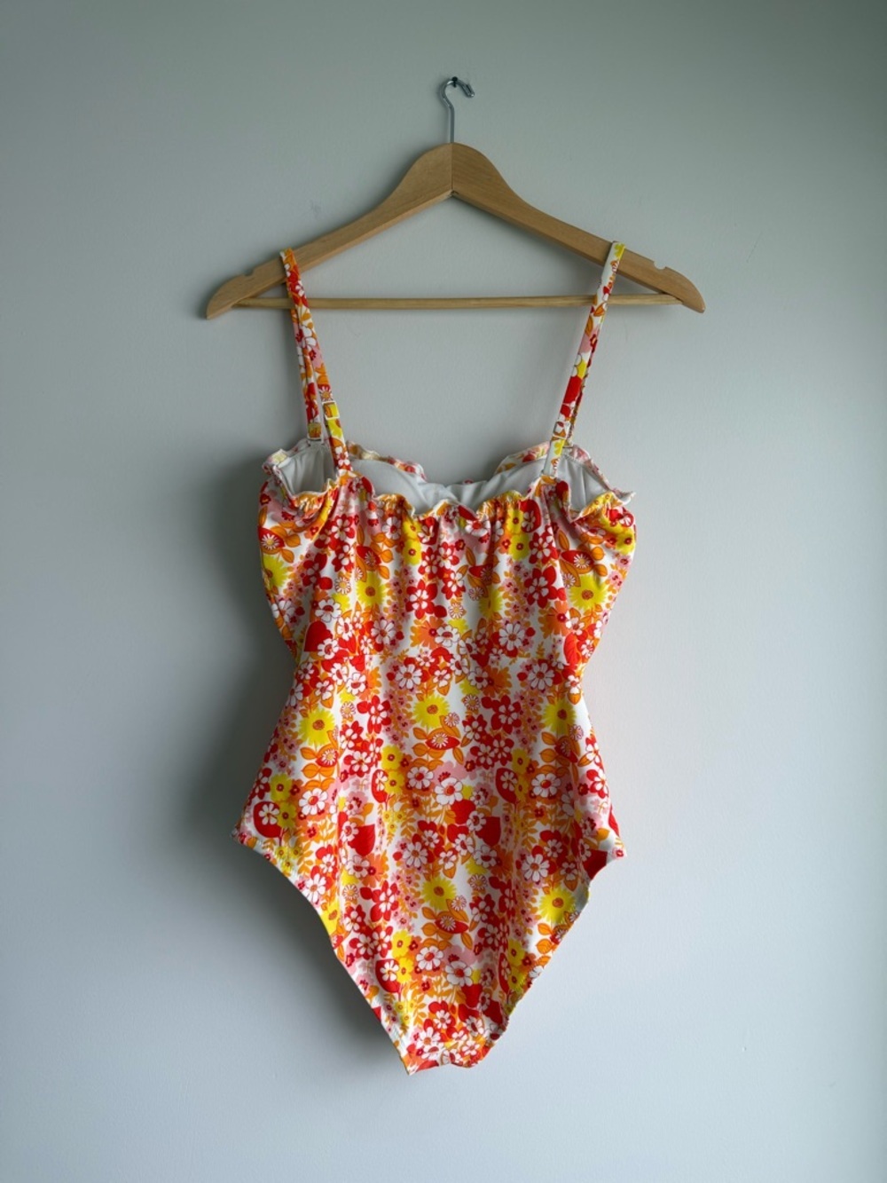 Aerie Floral One Piece Swimsuit Large Retro Orange Ruffle - Picture 2 of 9
